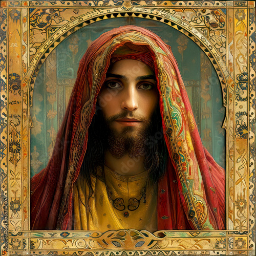 A man in traditional Middle Eastern attire with richly patterned red and gold shawl stands framed by ornate, gold-trimmed arch. The background is detailed, highlighting cultural heritage and elegance.