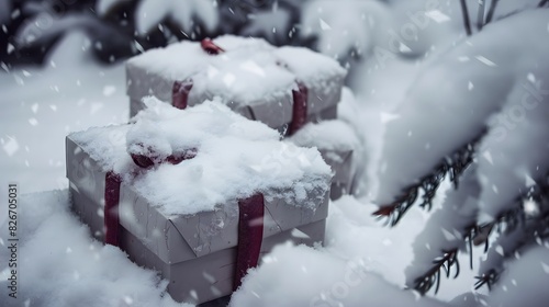 Snow-covered gift boxes with red ribbons in a wintery landscape, creating a festive and magical holiday scene.