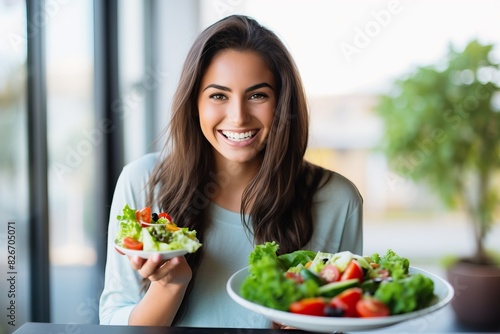 a woman holding a plate of vegetables on a table, A woman places a platter of vegetables on a table.