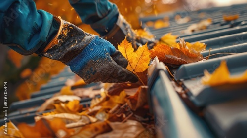 High-Quality Gutter Cleaning: Man Removing Leaves from a Roof Gutter. Concept Cleaning Gutters, Roof Maintenance, Home Improvement, Fall Cleanup, Leaf Removal