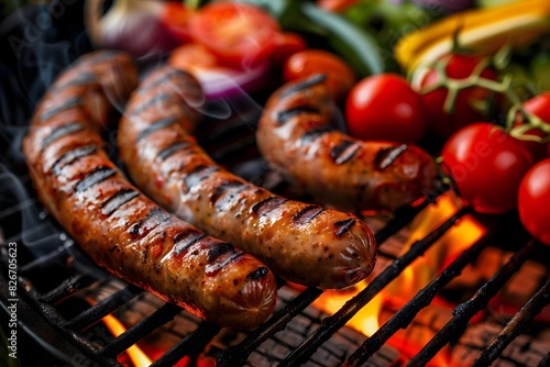 Sizzling summer barbeque grilled sausages and vegetables on a hot fiery grill, BBQ close up view