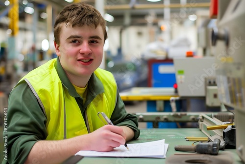 Young man with special needs learning disability working in factory, workplace inclusion concept