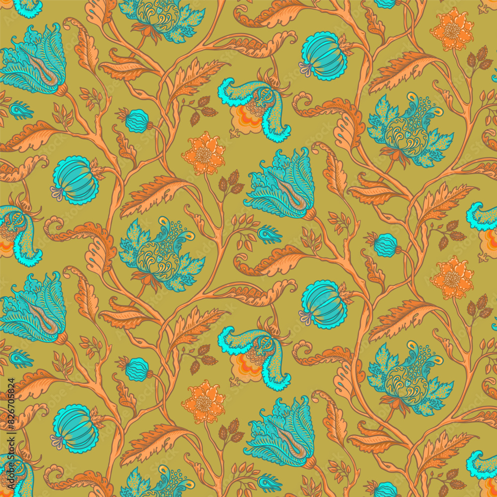 Floral vintage seamless pattern in Jacobean style for retro wallpapers