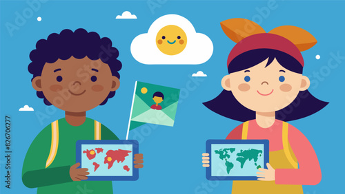 Two children from different countries exchange photos of their daily lives through a digital pen pal platform giving each other a glimpse into their. Vector illustration