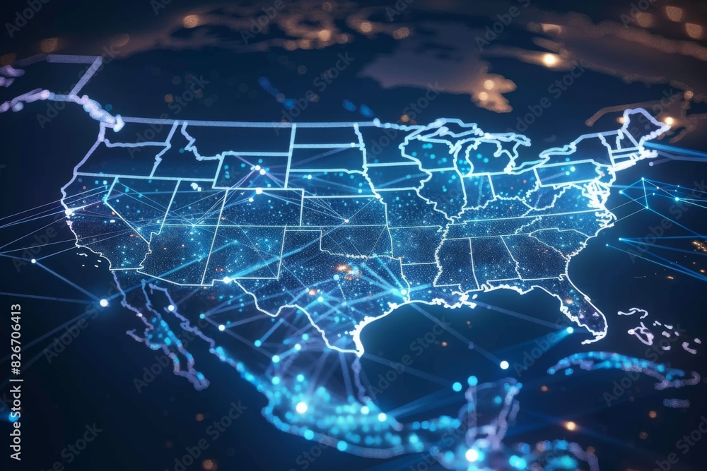 Digital map of america network connectivity created with generative ai Digital map of america network connectivity created with generative ai