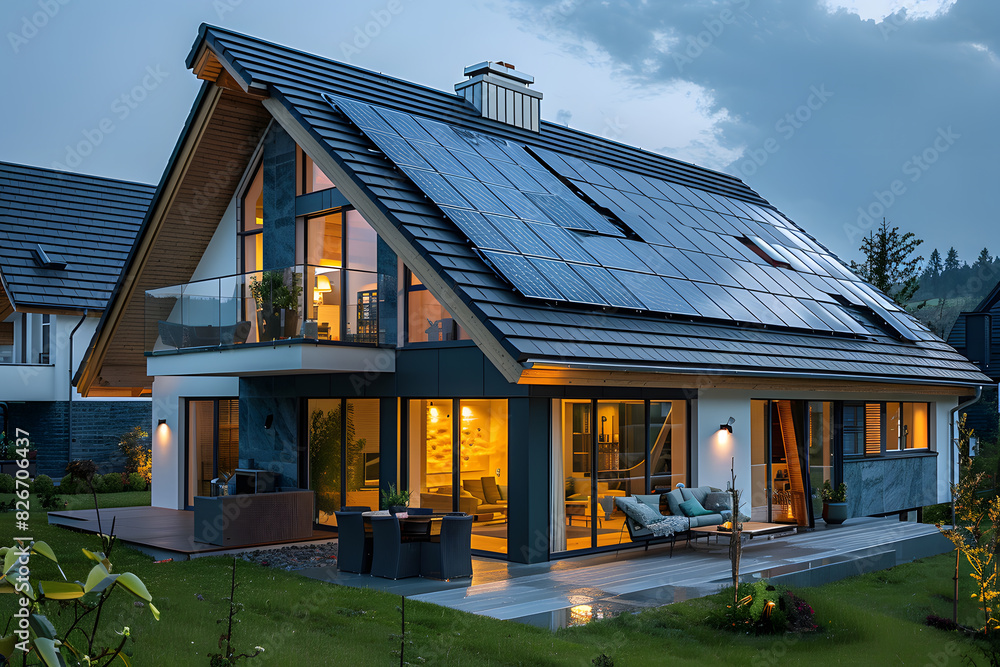 Solar panels installed on the roof rooftop of a residential modern house. The panels are arranged in rows and efficiently utilize available sunlight. Solar panels installed on the roof rooftop of a residential modern house. The panels are arranged in rows and efficiently utilize available sunlight.