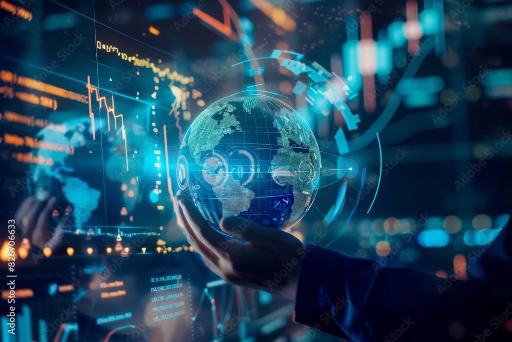Hands interacting with a virtual globe and financial data, symbolizing the connection between global finance and advanced technology in a futuristic setting Hands interacting with a virtual globe and financial data, symbolizing the connection between global finance and advanced technology in a futuristic setting