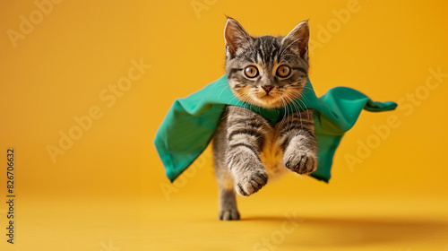 Cute kitten wearing superhero costume standing on hind legs and looking at camera. Isolated on white background 