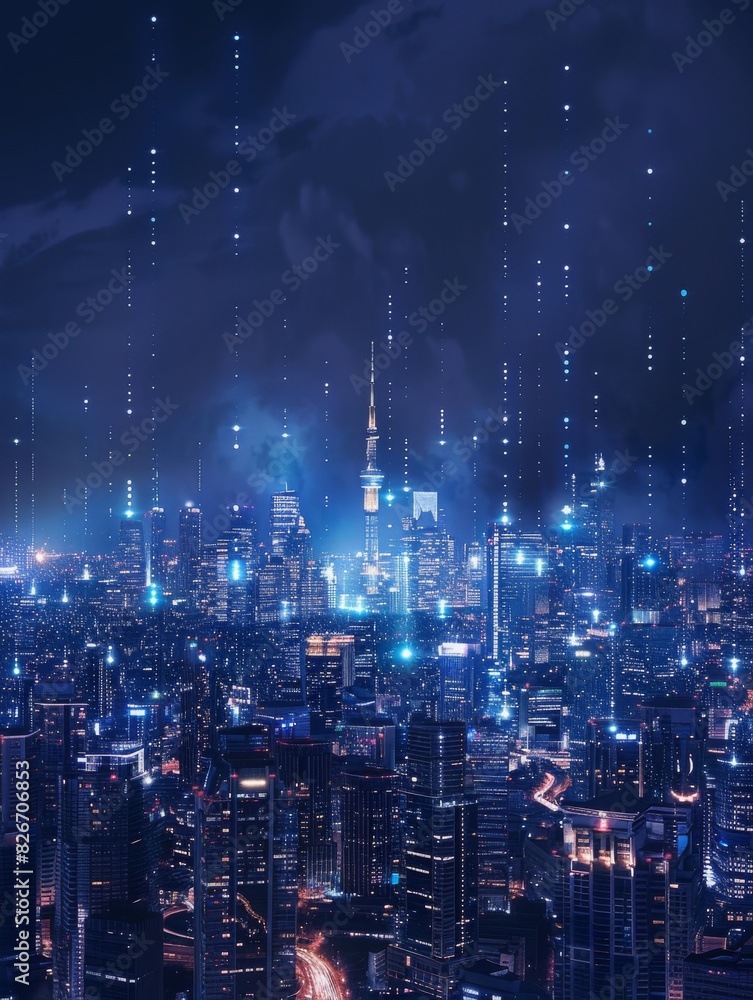 City skyline at night with glowing digital pathways representing global financial networks, symbolizing modern technology and international finance City skyline at night with glowing digital pathways representing global financial networks, symbolizing modern technology and international finance