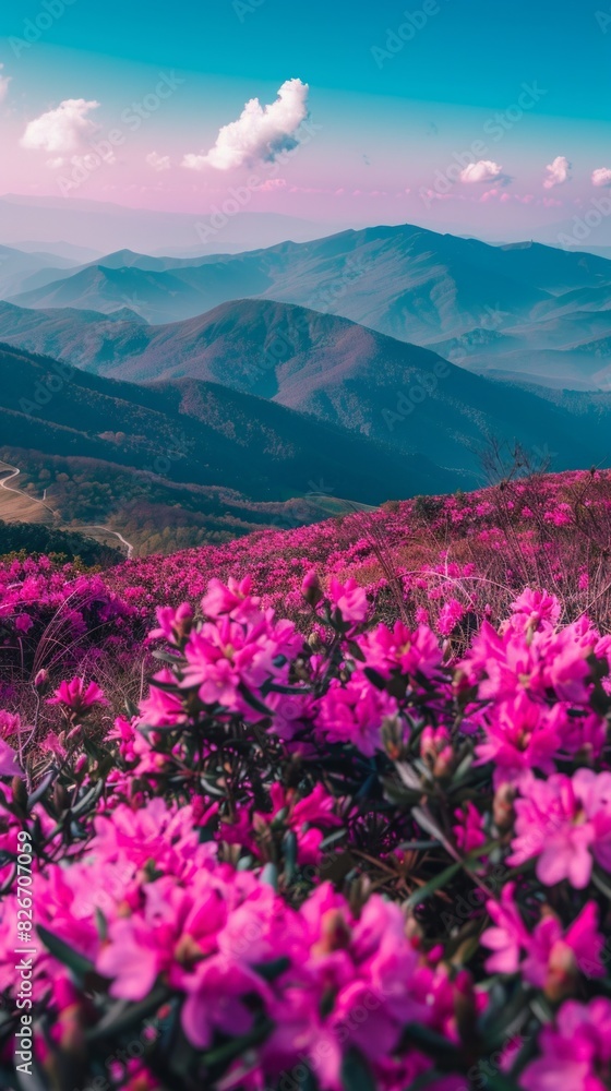 A beautiful mountain landscape with a field of pink flowers A beautiful mountain landscape with a field of pink flowers
