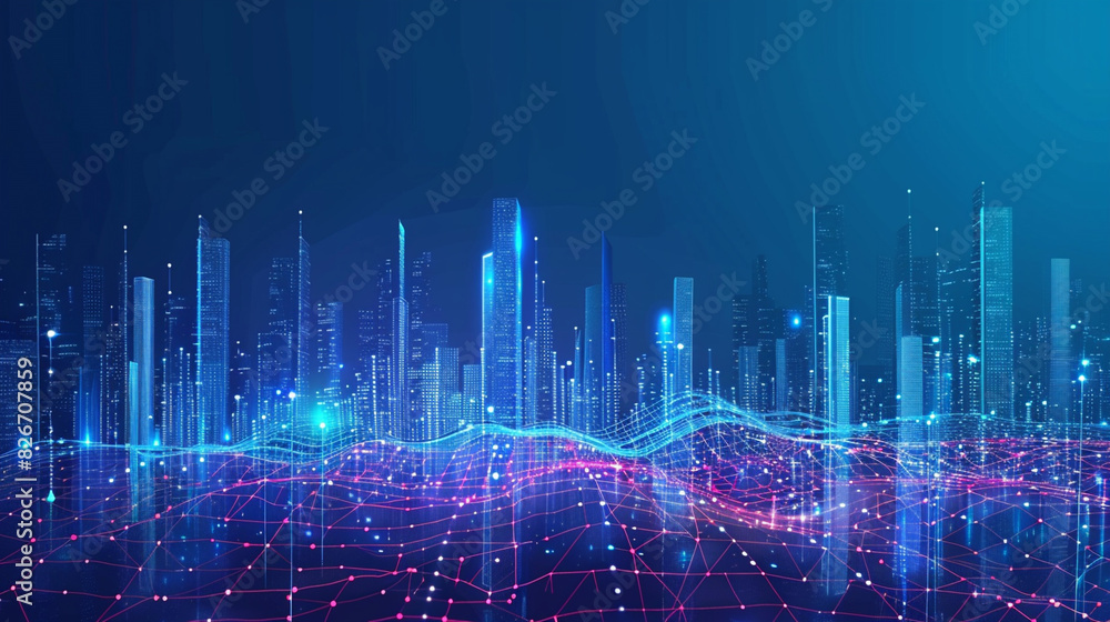 Smart city and abstract dot point connect with gradient line and aesthetic Intricate wave line design, big data connection technology concept Smart city and abstract dot point connect with gradient line and aesthetic Intricate wave line design, big data connection technology concept