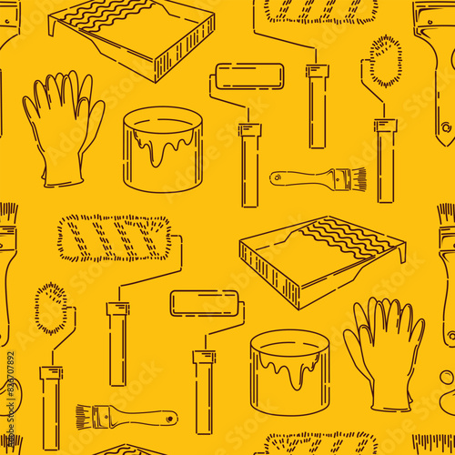 Repair and painting work, seamless pattern of brushes and rollers for painting. Cuvette for paints, gloves, a jar of enamel. Repair, building. Vector illustration doodle style. wallpaper, background.