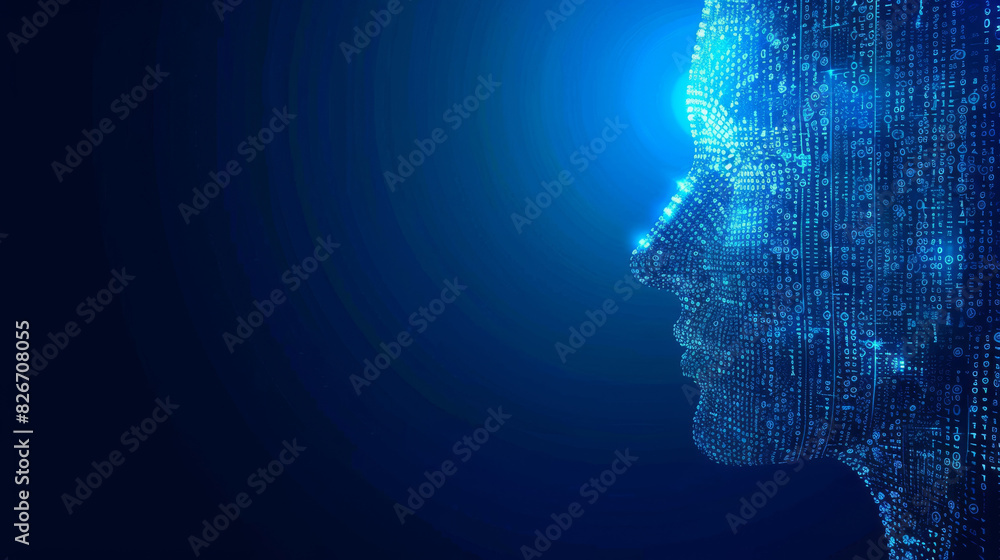 Side view of a human head silhouette composed of binary numbers on a blue background Side view of a human head silhouette composed of binary numbers on a blue background