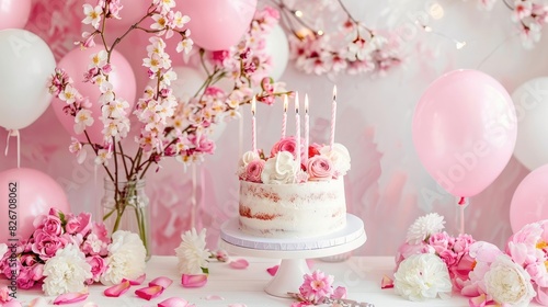 b Pink and white birthday party decoration with a cake  candles  flowers and balloons 