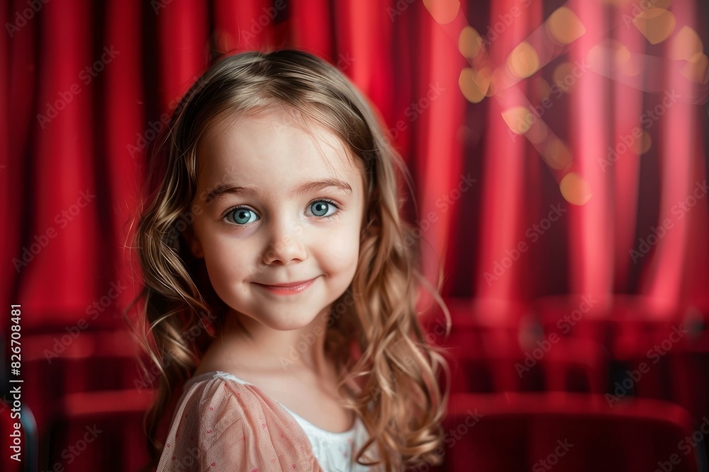 Charming young girl beams against a backdrop of red curtains and soft lights Charming young girl beams against a backdrop of red curtains and soft lights