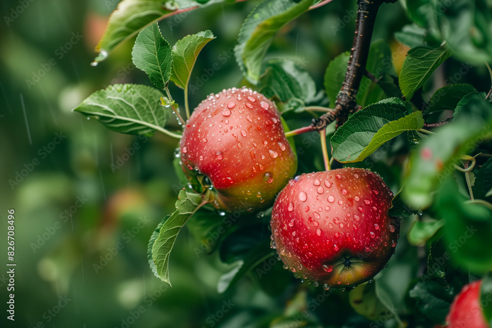 Two apples on tree with water droplets Two apples on tree with water droplets