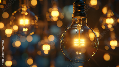 Glowing incandescent bulb against bokeh background