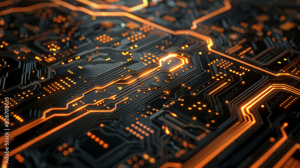Detailed image of a circuit board with glowing orange lines, symbolizing technology Detailed image of a circuit board with glowing orange lines, symbolizing technology