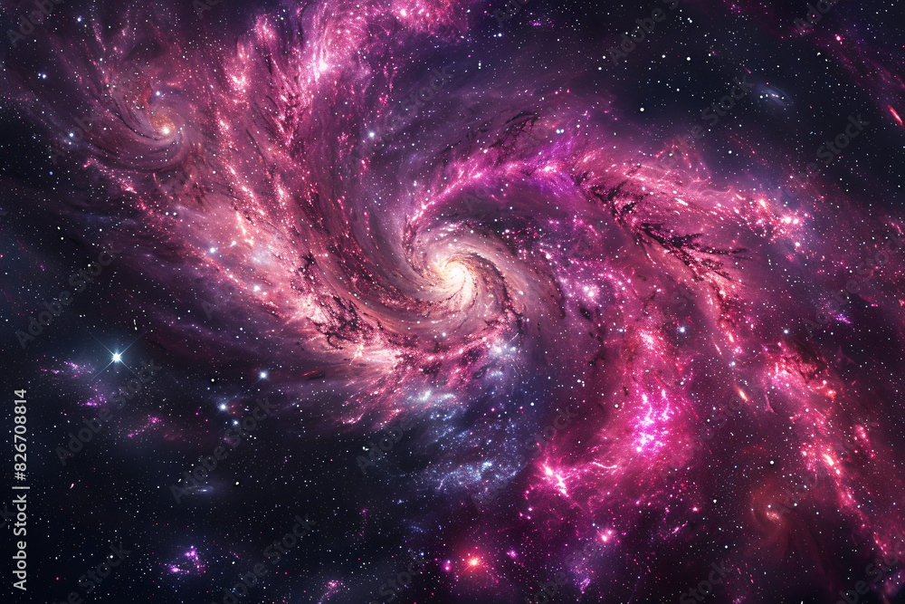 Obraz premium Majestic space nebula with swirling patterns of stars and cosmic dust, captured in stunning hues of pink and purple against the dark universe