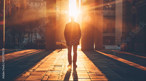 Man walking into golden light. Silhouette of a man confidently walking towards the golden light, symbolizing hope, new beginnings, and a brighter future.