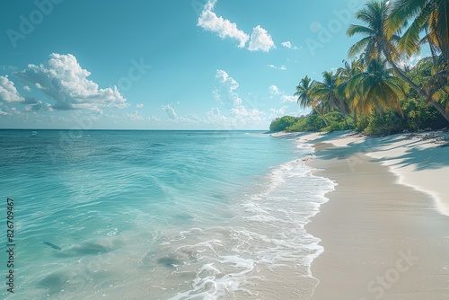 A serene beach with crystal-clear turquoise waters, fringed by palm trees swaying in the gentle breeze. Concept of tropical paradise and relaxation. Generative Ai.