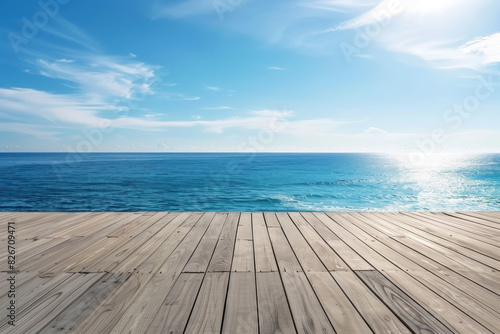 Coastal Stage  Wooden deck overlooking ocean  Tranquil Scene  free space  natural lighting