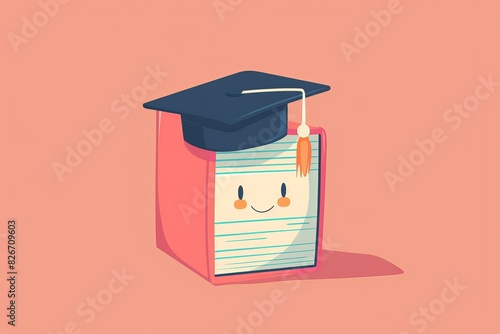 Cartoon drawing of a book wearing a graduation hat, front view in flat design, pastel colors focus on, educational success, vibrant, Composite, school library backdrop photo