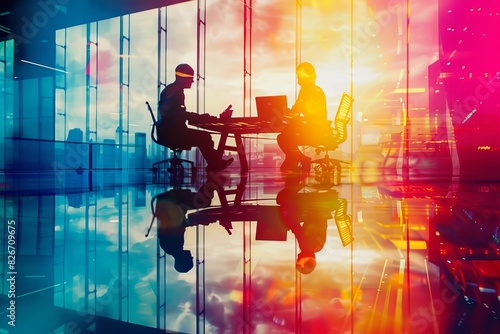 Business colleagues, working together, office space, copy space, vibrant tones, double exposure silhouette with workplace photo
