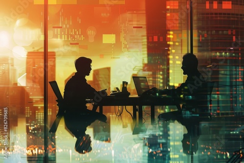 Business colleagues, working together, office space, copy space, vibrant tones, double exposure silhouette with workplace photo