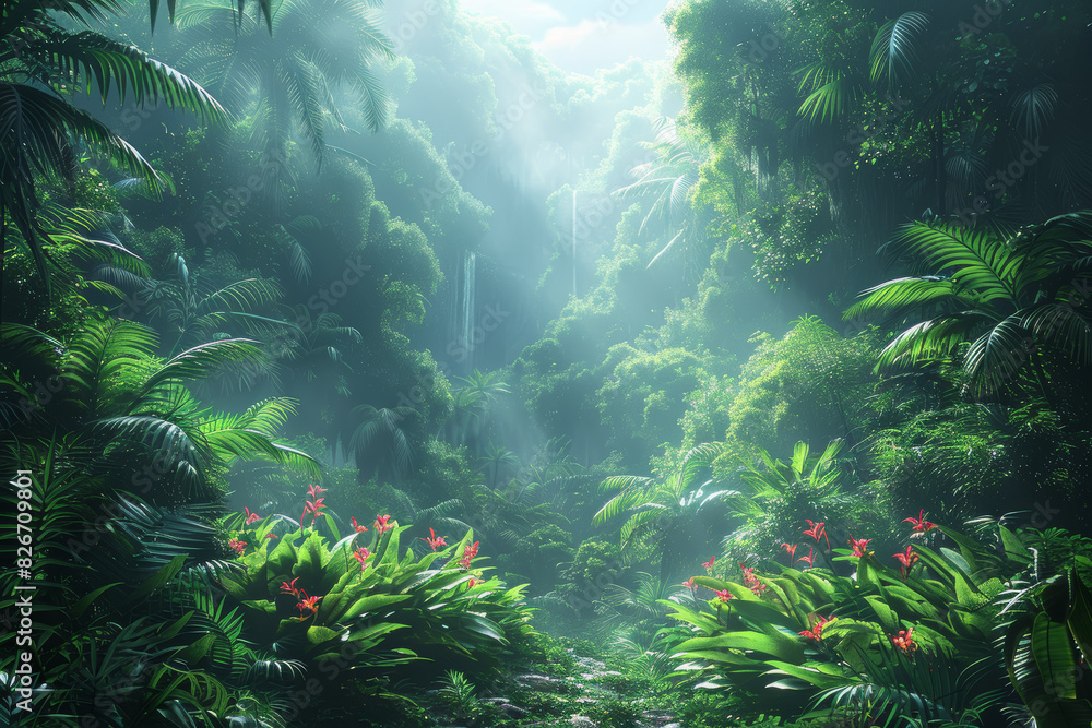 A lush rainforest teeming with exotic flora and fauna, offering opportunities for wildlife spotting and adventure. Concept of biodiversity and ecological wonder. Generative Ai.