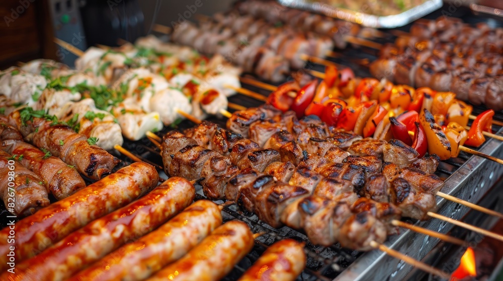 A delicious assortment of barbecue foods including shish kebab, sausages, and grilled meat fillets at a festive BBQ party. A delicious assortment of barbecue foods including shish kebab, sausages, and grilled meat fillets at a festive BBQ party.
