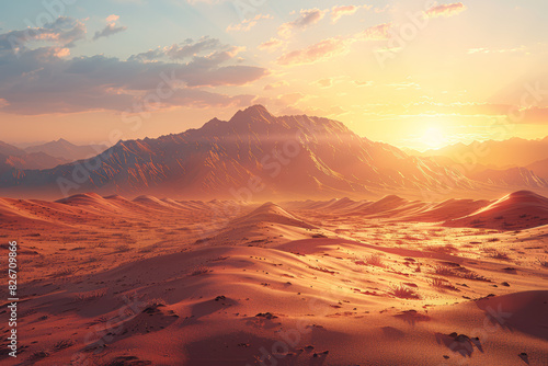 A surreal desert landscape bathed in golden sunlight, with towering sand dunes stretching as far as the eye can see. Concept of desert adventure and tranquility. Generative Ai. photo