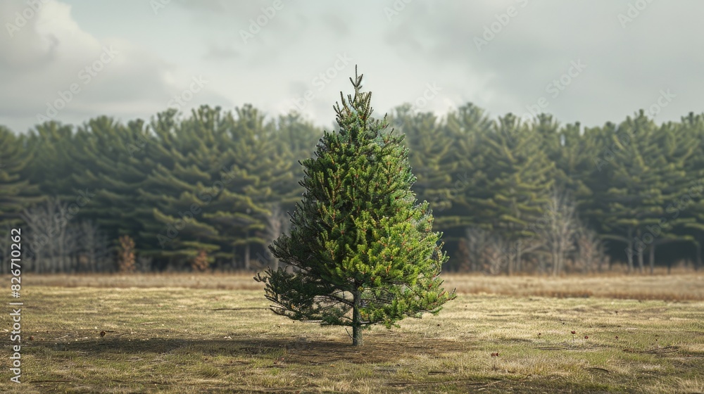 A single pine tree stands in the center of the yard surrounded by a line of small trees in the background