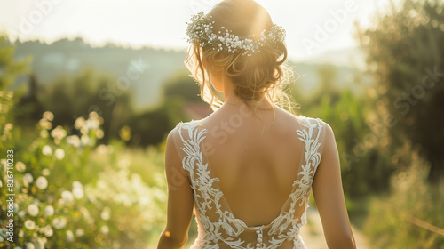 The bride in a white vintage lace dress with open shoulders, her hair braided in a wreath, view from the back, in the backdrop there is a view from the mountain to the valley. Backlight sun. (ID: 826710283)