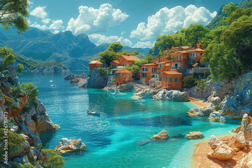 A sun-drenched Mediterranean coastline dotted with charming fishing villages and ancient ruins. Concept of coastal exploration and historical discovery. Generative Ai. photo
