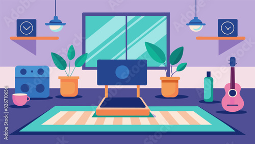 The serene background music in the virtual studio helps you focus and stay in tune with your body as you flow through the Pilates routine.. Vector illustration