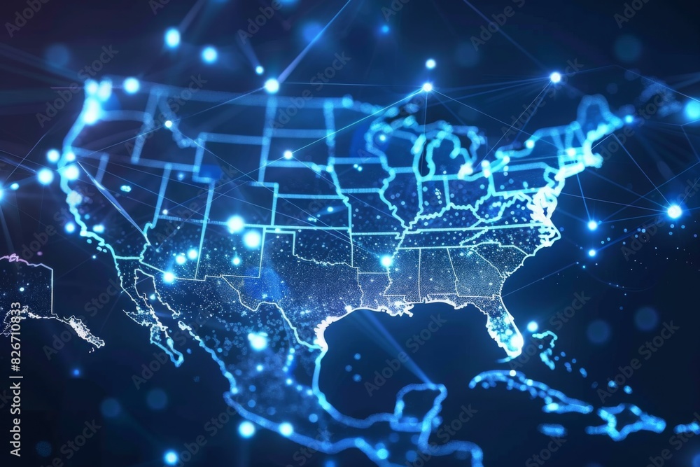 Digital map of america network connectivity created with generative ai Digital map of america network connectivity created with generative ai