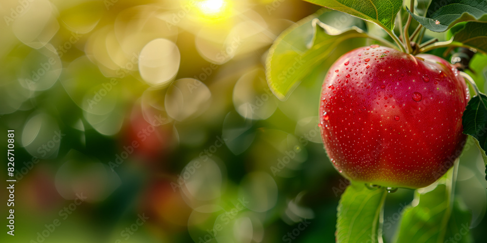 Apple tree fruit red green leaves hanging, banner Apple tree fruit red green leaves hanging, banner