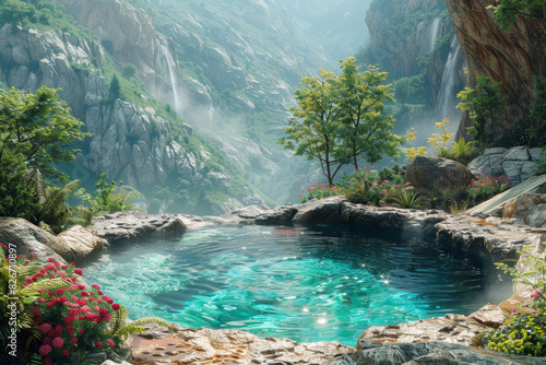 A serene hot spring nestled in a secluded valley, offering therapeutic waters and natural relaxation. Concept of rejuvenating retreat and thermal spa. Generative Ai. photo