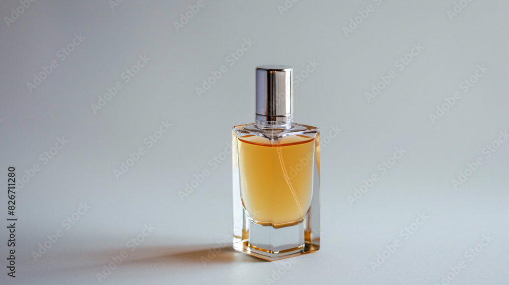 Elegant perfume bottle on grey background. Classic glass perfume bottle with a silver cap, isolated on a minimalist grey background with copy space, perfect for beauty and fragrance marketing. Elegant perfume bottle on grey background. Classic glass perfume bottle with a silver cap, isolated on a minimalist grey background with copy space, perfect for beauty and fragrance marketing.