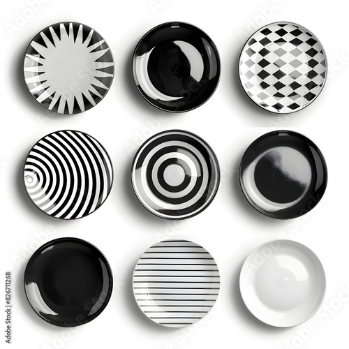 Variable monochrome designs, Set of black and White ceramic plates on white background cutout. Mockup template for artwork graphic design