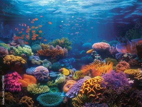 A colorful coral reef with many fish swimming around. The fish are orange and blue. The reef is full of life and color