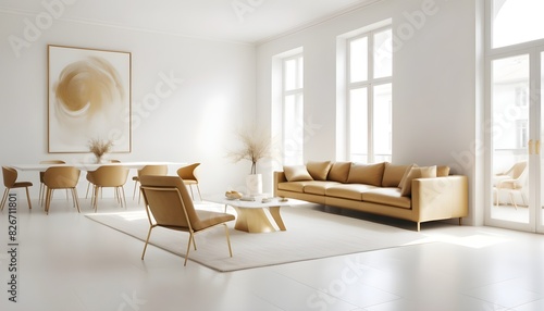 white and gold theme interior modern minimalism photo realism