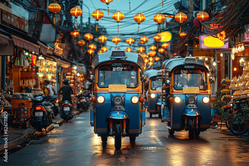 A group of tourists riding guided electric tuk-tuks through narrow streets in a foreign city, experiencing local culture and heritage. Concept of cultural mobility and tourism. Generative Ai. photo