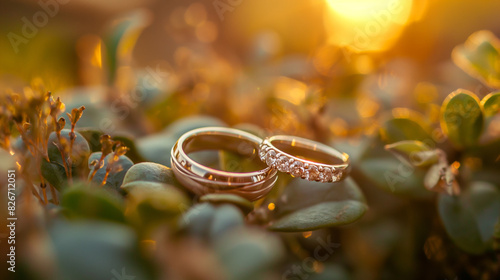 wedding rings in the grass at sunset 