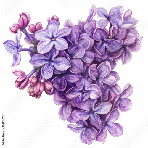 Ultra realistic watercolor style illustration of lush lilacs  high detailed  close up  isolated on white