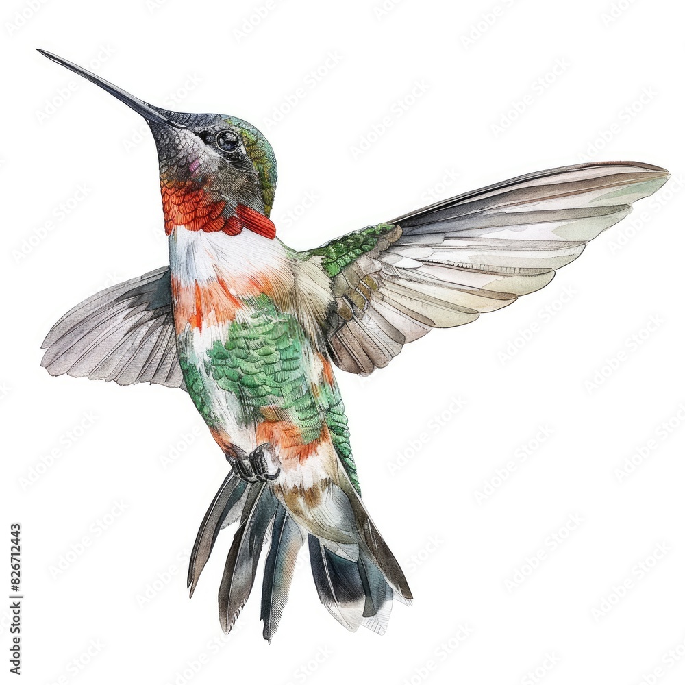Fototapeta premium Ultra realistic watercolor style illustration of hummingbird, high detailed, close up, isolated on white