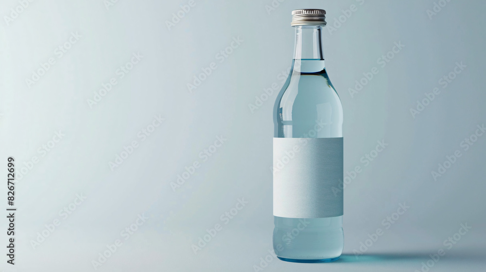Water bottle mockup with blank label. Clear glass water bottle with a blank white label on a blue background, perfect for showcasing your drink product or brand. Water bottle mockup with blank label. Clear glass water bottle with a blank white label on a blue background, perfect for showcasing your drink product or brand.