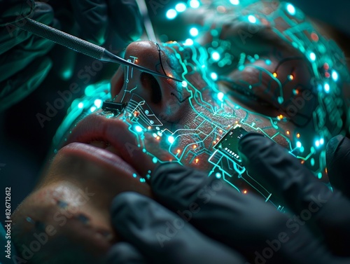 A woman's face is being operated on by a doctor. The doctor is wearing gloves and a mask. The woman's face is covered in wires and circuits. Concept of medical technology