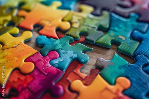 Macro shot of vibrant, interconnected jigsaw puzzle pieces with one piece standing out
